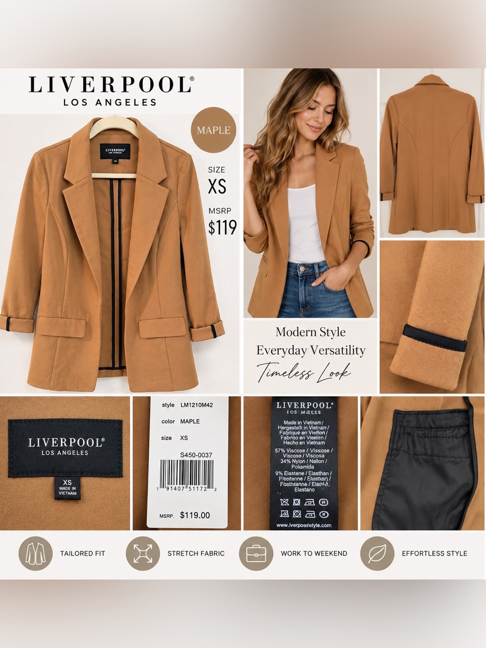 NWT Liverpool Los Angeles Maple Camel Stretch Blazer Women’s XS $119